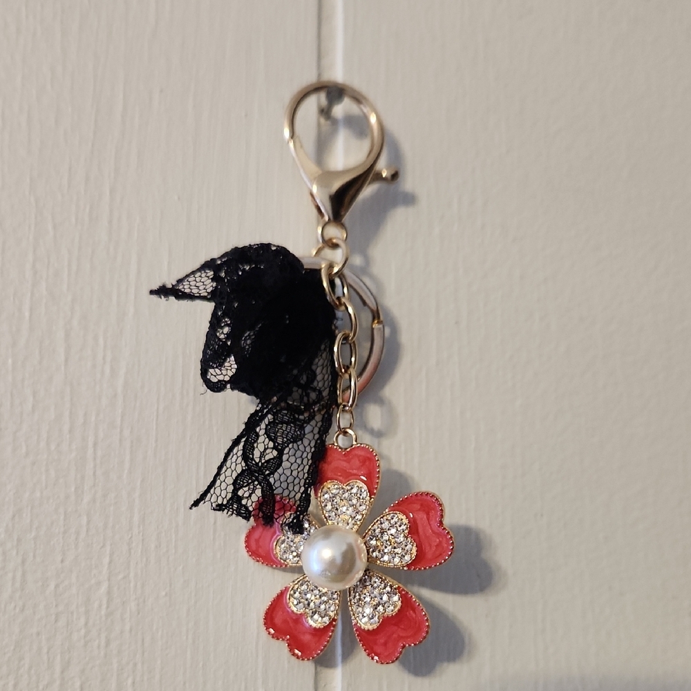 Flower Keychain/Bagcharm with Black Lace Bow